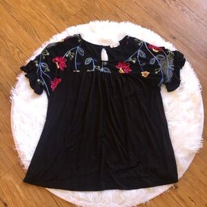 Boho Emi & Joe Floral Embroidered Black Top